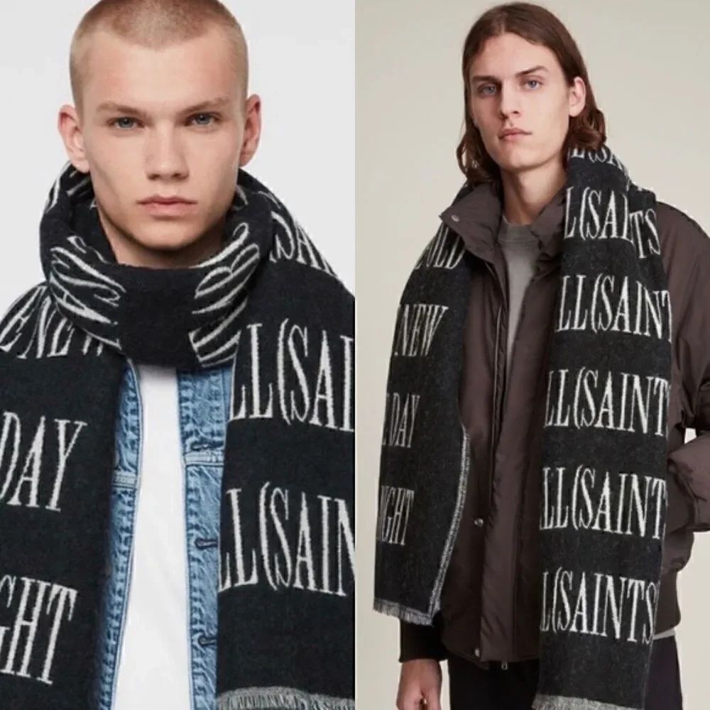 All Saints Varsity Wool Blend Woven Scarf Black